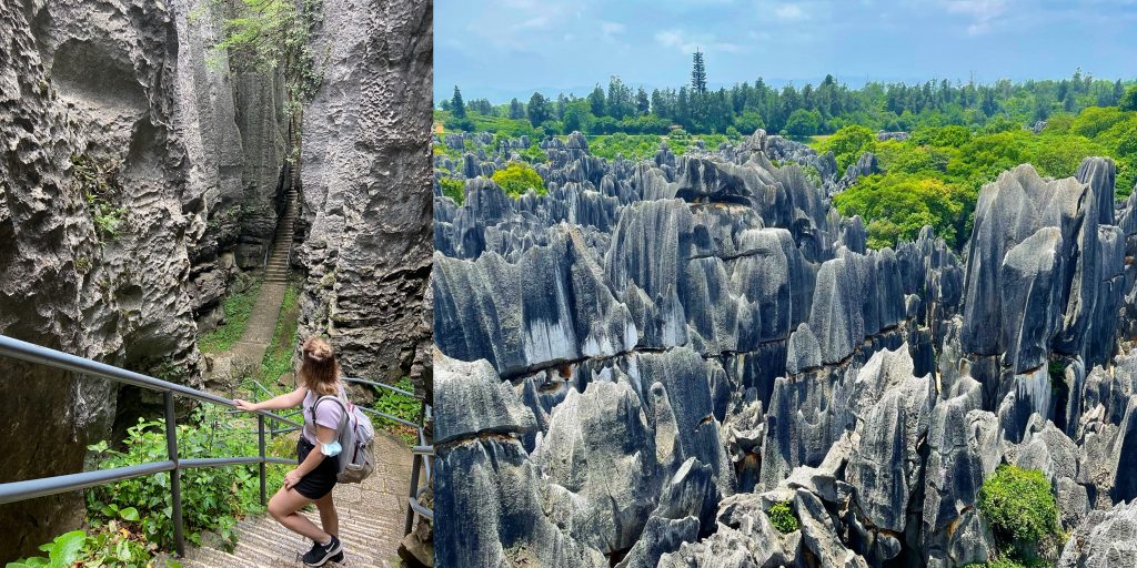 The Stone Forest Kunming China. Charlotte standing on top of a steep staircase looking down at the giant rock formations.