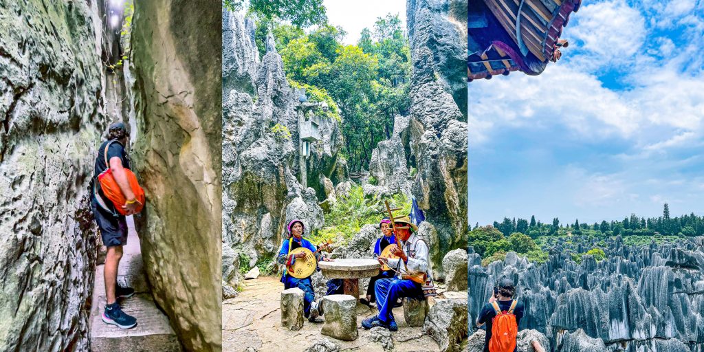 The Stone Forest Kunming China local people playing instruments and Daniel squeezing through the rock formations.