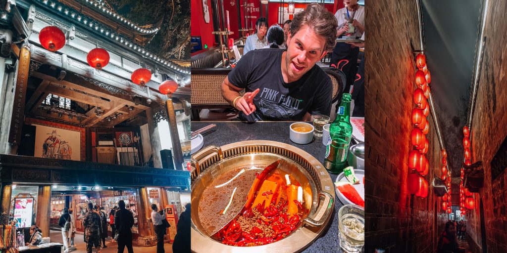  A photo of Jinli Street and a close up photo of a Spicy Hot Pot food.