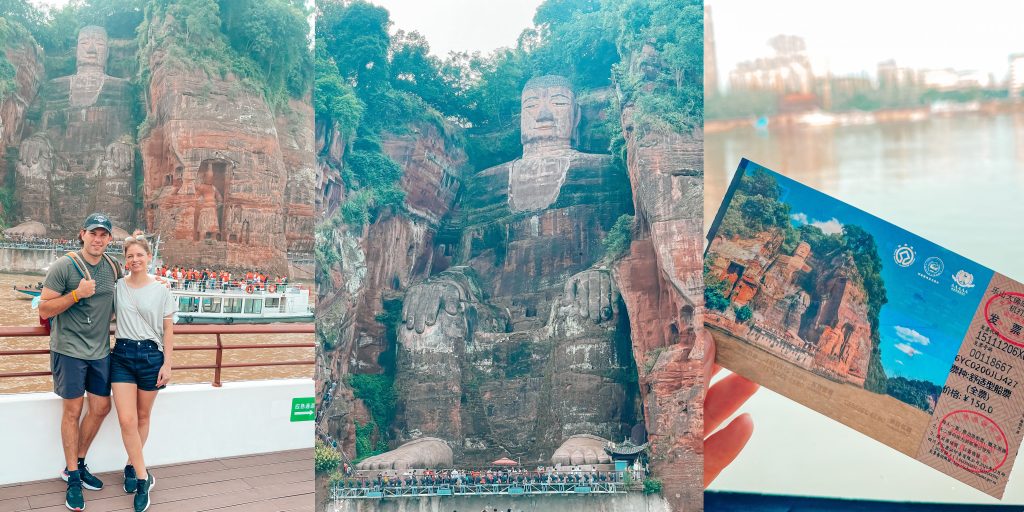 A photo of Charlotte and Daniel on the boat looking at Leshan Buddha