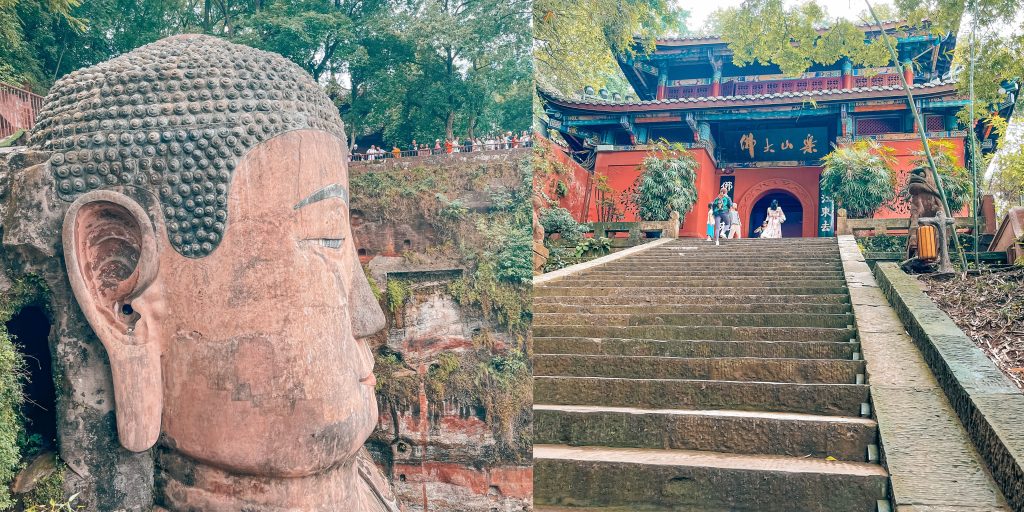 Up close photo of Leshan Buddha's Head and Temple