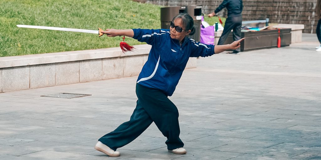 Sword practice outside the Giant Wild Goose Pagoda